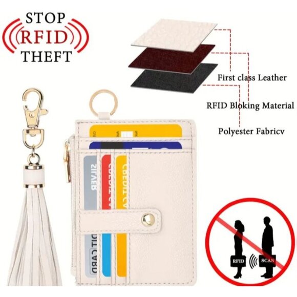 Grey RFID Blocking Leather Card Holder Wallet With Tassel & Keychain Wristlet NE - Picture 4 of 5
